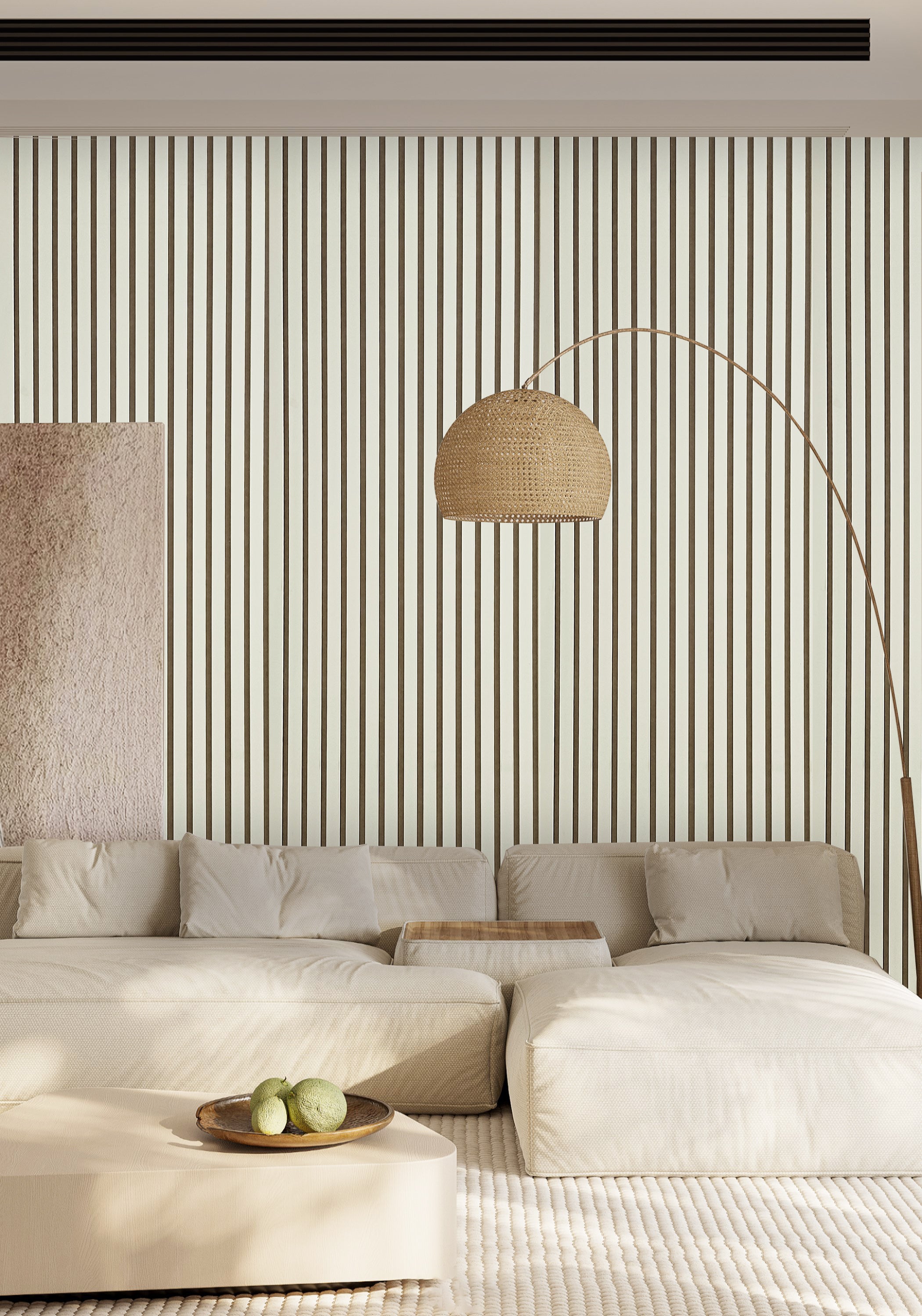 Akoestische wandpanelen - 280 x 60 cm - Beige mat met beige vilt - Lattenwand - Akupanel